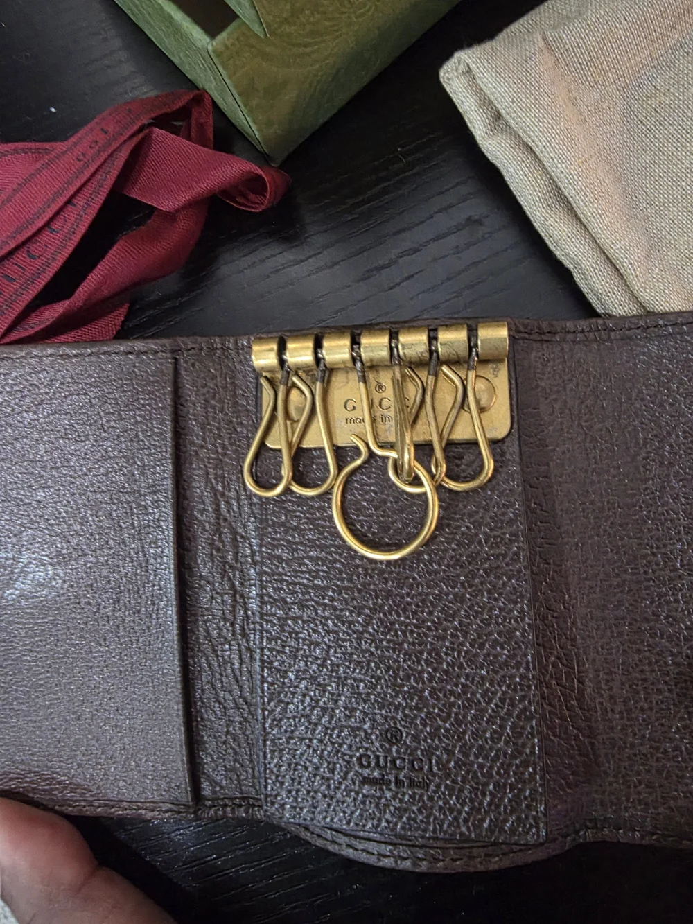 LIKE New CONDITION Gucci GG Supreme Key Case in Brown with Red & Green Stripe